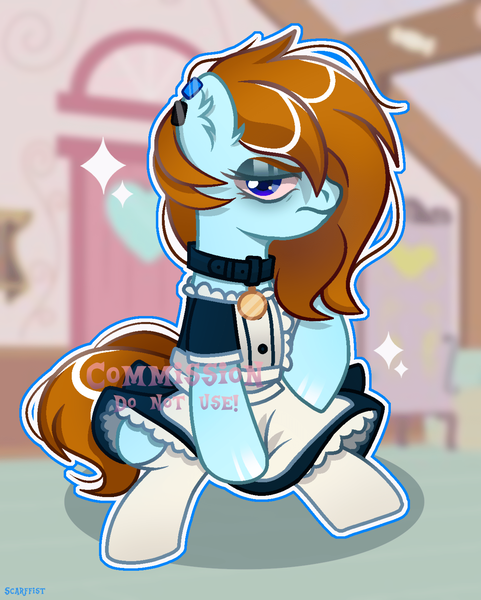 Size: 1920x2396 | Tagged: safe, artist:scarffist, derpibooru import, oc, unofficial characters only, earth pony, pony, angry, base used, blue eyes, clothes, collar, commission, derpibooru exclusive, dress, ear piercing, eyeshadow, image, long hair, long mane, looking at you, maid, makeup, piercing, png, short tail, socks, solo, sparkles, stockings, tail, thigh highs, ych result