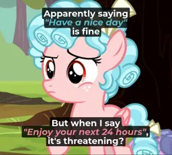 Size: 860x774 | Tagged: safe, derpibooru import, edit, edited screencap, editor:modus_ponens, screencap, cozy glow, pony, g4, caption, confused, cozyposting, female, filly, foal, image, meme, png, ponified meme, socially awkward, text, threatening