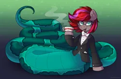 Size: 3800x2496 | Tagged: safe, artist:madelinne, derpibooru import, oc, oc:bookwyrm, unofficial characters only, lamia, original species, pony, clothes, cup, female, glasses, image, mare, png, solo, teacup