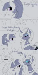 Size: 2200x4317 | Tagged: safe, artist:magnaluna, derpibooru import, princess celestia, princess luna, twilight sparkle, twilight sparkle (alicorn), alicorn, pony, g4, 3 panel comic, alternate hairstyle, blushing, cheek fluff, cloud, comic, crown, curved horn, dialogue, ear fluff, eyes closed, eyeshadow, female, folded wings, heart, horn, image, implied lesbian, implied shipping, implied twiluna, inconvenient celestia, jewelry, makeup, mare, monochrome, open mouth, open smile, outdoors, partial color, peytral, png, ponytail, regalia, royal sisters, siblings, sisters, smiling, trio, trio female, wings