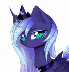 Size: 2400x2502 | Tagged: safe, artist:magnaluna, derpibooru import, princess luna, alicorn, pony, g4, cheek fluff, crown, ear fluff, fangs, female, folded wings, high res, horn, image, jewelry, jpeg, looking at you, mare, regalia, slit pupils, snaggletooth, solo, wings