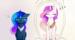 Size: 3250x1735 | Tagged: safe, artist:magnaluna, derpibooru import, princess celestia, princess luna, alicorn, pony, ..., duo, duo female, ear fluff, ethereal mane, eyes closed, female, floppy ears, folded wings, front view, high res, horn, image, jpeg, mare, onomatopoeia, peytral, royal sisters, siblings, sisters, sound effects, throne, wings, zzz