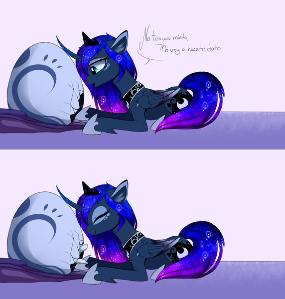 Size: 2536x2658 | Tagged: safe, artist:magnaluna, derpibooru import, princess luna, oc, oc:zefiroth, alicorn, dragon, pony, g4, 2 panel comic, baby, baby dragon, comic, concave belly, crown, curved horn, dragon egg, dragon oc, egg, eyes closed, eyeshadow, female, folded wings, hoof shoes, horn, image, implied canon x oc, jewelry, lying down, makeup, mare, non-pony oc, open mouth, peytral, png, princess shoes, prone, regalia, slender, smiling, spanish, tail, thin, wings