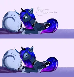 Size: 2536x2658 | Tagged: safe, artist:magnaluna, derpibooru import, princess luna, oc, oc:zefiroth, alicorn, dragon, pony, g4, 2 panel comic, baby, baby dragon, comic, concave belly, crown, curved horn, dragon egg, dragon oc, egg, eyes closed, eyeshadow, female, folded wings, hoof shoes, horn, image, implied canon x oc, jewelry, lying down, makeup, mare, non-pony oc, open mouth, peytral, png, princess shoes, prone, regalia, slender, smiling, spanish, tail, thin, wings