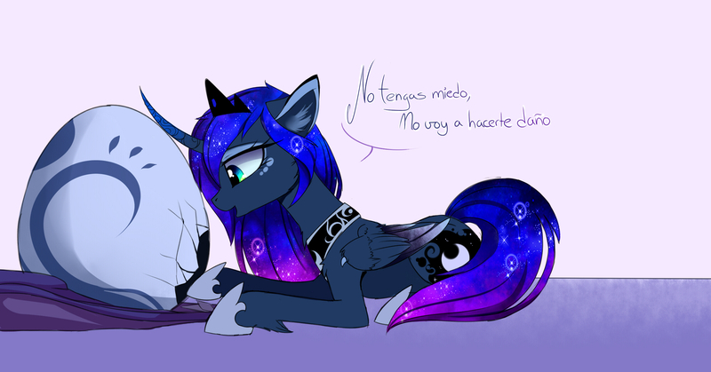 Size: 2536x1329 | Tagged: safe, artist:magnaluna, derpibooru import, princess luna, alicorn, pony, g4, concave belly, crown, curved horn, dragon egg, egg, eyeshadow, female, folded wings, hoof shoes, horn, image, jewelry, jpeg, lying down, makeup, mare, open mouth, peytral, princess shoes, prone, regalia, slender, spanish, tail, thin, wings