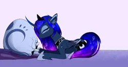 Size: 2536x1329 | Tagged: safe, artist:magnaluna, derpibooru import, princess luna, oc, oc:zefiroth, alicorn, dragon, pony, g4, baby, baby dragon, concave belly, crown, curved horn, dragon egg, dragon oc, egg, eyes closed, eyeshadow, female, folded wings, hoof shoes, horn, image, jewelry, jpeg, lying down, makeup, mare, non-pony oc, peytral, princess shoes, prone, regalia, slender, smiling, tail, thin, wings