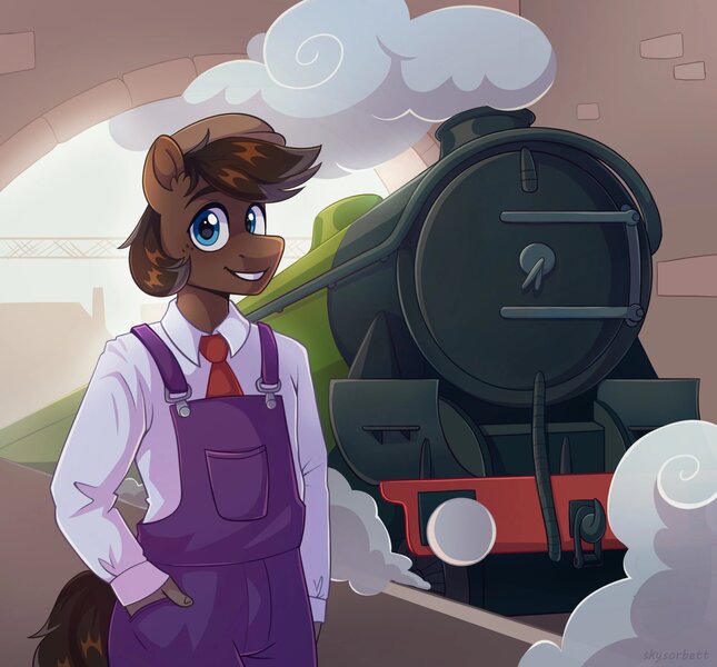 Size: 2048x1906 | Tagged: safe, artist:skysorbett, derpibooru import, oc, oc:henry, unofficial characters only, anthro, pony, clothes, image, jpeg, looking at you, male, outdoors, smiling, smiling at you, solo, stallion, steam, train, train station