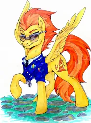 Size: 1522x2048 | Tagged: safe, artist:koffeemilk, derpibooru import, spitfire, pegasus, pony, g4, clothes, female, glasses, image, jpeg, mare, raised hoof, simple background, smiling, solo, uniform, white background, wonderbolts dress uniform