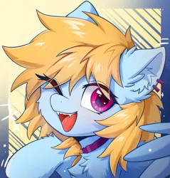 Size: 2344x2454 | Tagged: safe, artist:gale spark, derpibooru import, oc, oc:gale spark, unofficial characters only, pegasus, abstract background, chest fluff, ear fluff, image, open mouth, open smile, png, smiling, solo