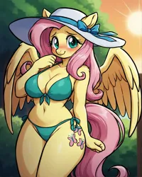 Size: 2024x2536 | Tagged: suggestive, ai content, derpibooru import, generator:autismmixconfetti, machine learning generated, prompter:bendy and boney, stable diffusion, fluttershy, anthro, pegasus, g4, bikini, blushing, breasts, cleavage, clothes, cute, female, hat, image, looking at you, outdoors, png, smiling, smiling at you, sun hat, swimsuit, wings