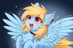 Size: 2732x1792 | Tagged: safe, artist:gale spark, derpibooru import, oc, oc:gale spark, unofficial characters only, pegasus, abstract background, chest fluff, choker, image, open mouth, open smile, png, smiling, solo, wings