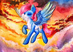 Size: 2560x1829 | Tagged: safe, artist:just_yuki, derpibooru import, oc, unofficial characters only, pegasus, pony, blue skin, cloud, eyes closed, flying, image, male, male oc, pegasus oc, pink mane, png, sky, stallion, sunset, tattoo, traditional art, watercolor painting, wings