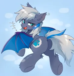 Size: 1990x2034 | Tagged: safe, artist:gale spark, derpibooru import, oc, oc:maple night, unofficial characters only, bat pony, pony, abstract background, chest fluff, flying, image, jpeg, open mouth, open smile, smiling, solo