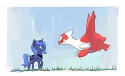 Size: 2287x1391 | Tagged: safe, artist:zero054751, derpibooru import, princess luna, alicorn, latias, pony, female, filly, filly luna, flower, foal, grass, image, jpeg, legendary pokémon, looking at you, passepartout, pokémon, sky, woona, younger