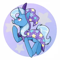 Size: 2894x2894 | Tagged: safe, artist:jellysiek, derpibooru import, trixie, pony, unicorn, g4, brooch, cape, clothes, female, hat, high res, horn, image, jewelry, mare, png, raised hoof, smiling, solo, trixie's brooch, trixie's cape, trixie's hat