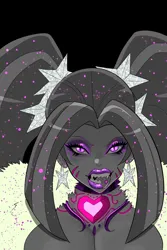 Size: 2000x3000 | Tagged: safe, artist:annon, derpibooru import, aria blaze, human, siren, g4, big lips, bimbo, bimbo aria, ear piercing, eyeshadow, fangs, glitter, humanized, image, jewelry, lipstick, looking at you, makeup, open mouth, piercing, png, purple eyeshadow, purple lipstick, slit pupils, solo, tongue out