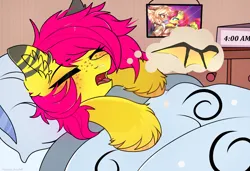 Size: 2232x1531 | Tagged: safe, artist:2pandita, derpibooru import, oc, unofficial characters only, bat pony, pegasus, pony, bat pony oc, bat wings, bed, bedroom, female, freckles, image, mare, pegasus oc, png, sleeping, solo, unshorn fetlocks, wings