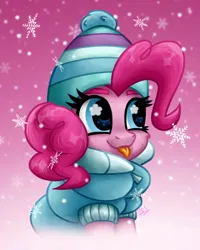 Size: 2000x2500 | Tagged: safe, artist:sunamoonmlp, derpibooru import, pinkie pie, earth pony, pony, g4, clothes, cute, derpibooru exclusive, female, hat, image, jacket, mare, png, smiling, snow, solo, tongue out, winter, winter outfit