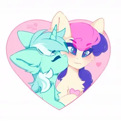 Size: 1026x1027 | Tagged: safe, artist:shooshaa, derpibooru import, bon bon, lyra heartstrings, sweetie drops, earth pony, pony, unicorn, g4, duo, female, floating heart, heart, heart eyes, horn, image, jpeg, kiss on the cheek, kissing, lesbian, lyrabon, mare, shipping, wingding eyes