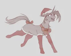 Size: 2400x1900 | Tagged: safe, artist:stray prey, derpibooru import, oc, oc:acidia, unofficial characters only, pony, unicorn, bow, christmas, clothes, hat, holiday, horn, image, png, santa hat, socks, solo, tail, tail bow, unicorn oc