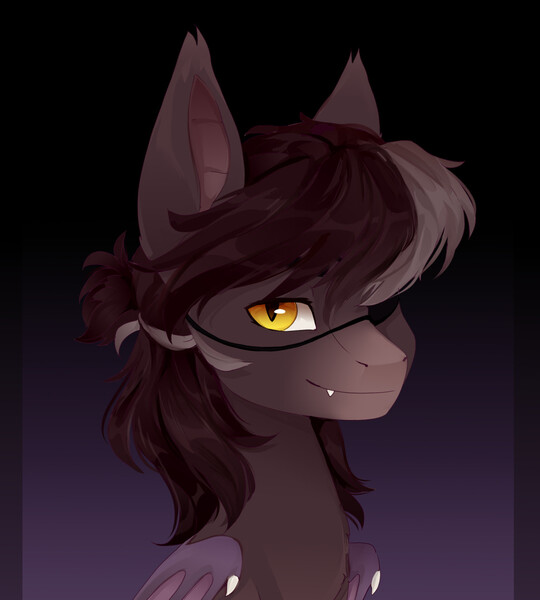 Size: 1152x1280 | Tagged: safe, artist:shooshaa, derpibooru import, oc, unofficial characters only, bat pony, pony, bust, commission, ear tufts, eyepatch, fangs, gradient background, image, jpeg, portrait, slit pupils, solo