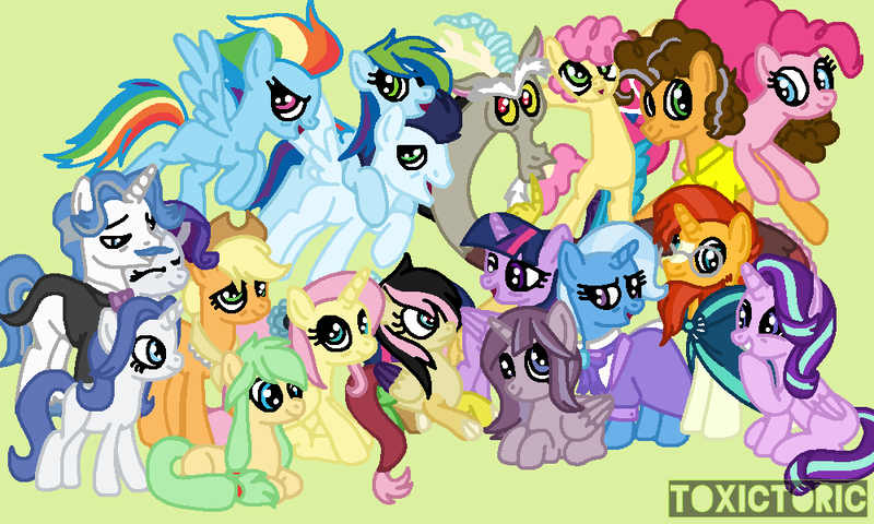 Size: 1000x600 | Tagged: safe, artist:toxictoric, derpibooru import, applejack, cheese sandwich, discord, fancypants, fluttershy, li'l cheese, pinkie pie, rainbow dash, rarity, soarin', starlight glimmer, sunburst, trixie, twilight sparkle, twilight sparkle (alicorn), alicorn, hybrid, g4, the last problem, discoshy, female, image, interspecies offspring, male, my little pony, offspring, older, older applejack, older cheese sandwich, older fancypants, older pinkie pie, older rainbow dash, older rarity, older soarin', older soarindash, parent:discord, parent:fancypants, parent:fluttershy, parent:rainbow dash, parent:rarity, parent:soarin', parents:discoshy, parents:raripants, parents:soarindash, png, ship:raripants, shipping, soarindash, starburst, straight