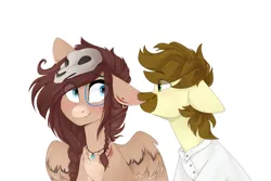 Size: 1280x853 | Tagged: safe, artist:shooshaa, derpibooru import, oc, oc:caspasin42, oc:ondrea, unofficial characters only, earth pony, pegasus, pony, biting, blushing, clothes, commission, duo, ear bite, ear piercing, earring, female, image, jewelry, jpeg, male, mare, necklace, oc x oc, piercing, shipping, shirt, simple background, skull, stallion, straight, white background