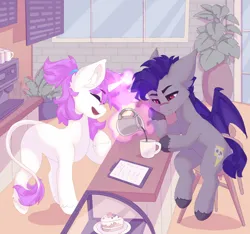 Size: 1280x1199 | Tagged: safe, artist:shooshaa, derpibooru import, oc, unofficial characters only, bat pony, pony, unicorn, cake, coffee, coffee mug, coffee shop, commission, duo, female, food, horn, image, jpeg, leonine tail, magic, male, mare, mug, pouring, scar, sitting, slit pupils, stallion, tail, telekinesis, unshorn fetlocks