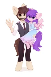 Size: 1500x2260 | Tagged: safe, artist:shooshaa, derpibooru import, ponerpics import, oc, unofficial characters only, anthro, earth pony, pegasus, unguligrade anthro, beard, carrying, clothes, commission, dress, duo, duo male and female, facial hair, father and child, father and daughter, female, image, looking at you, male, necktie, png, simple background, spread wings, waistcoat, waving, waving at you, white background, wings