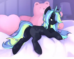 Size: 2149x1715 | Tagged: safe, artist:shooshaa, derpibooru import, oc, unofficial characters only, pony, bed, commission, female, hair over one eye, horns, image, jpeg, lying down, mare, pillow, plushie, prone, solo, teddy bear