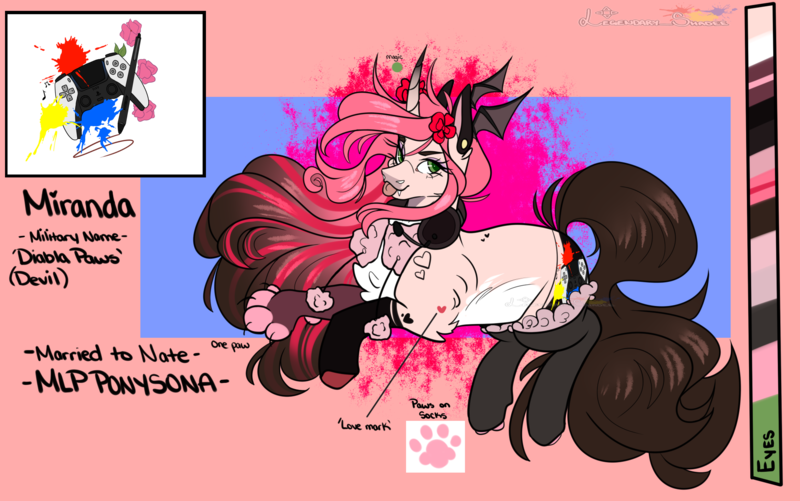 Size: 1915x1200 | Tagged: safe, artist:legendaryshadee, derpibooru import, oc, oc:miranda, pony, unicorn, clothes, fangs, female, headphones, horn, image, mare, png, reference sheet, socks, solo, tongue out