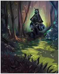 Size: 1714x2149 | Tagged: safe, artist:toondra, derpibooru import, queen chrysalis, anthro, changeling, changeling queen, unguligrade anthro, g4, cloak, clothes, female, forest, glow, glowing eyes, image, nature, outdoors, png, solo, tree