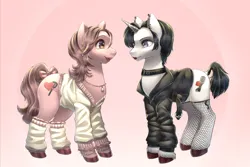 Size: 1020x680 | Tagged: safe, artist:misscinnabunnie, derpibooru import, ponified, earth pony, pony, unicorn, abstract background, bow, bracelet, cardigan, clothes, collar, ear piercing, earring, female, fishnet clothing, fishnets, horn, horn ring, image, jacket, jewelry, leg warmers, lipstick, looking at each other, looking at someone, mare, nana (series), nana komatsu, nana osaki, necklace, piercing, png, ring, socks, stockings, tail, tail bow, thigh highs, unshorn fetlocks