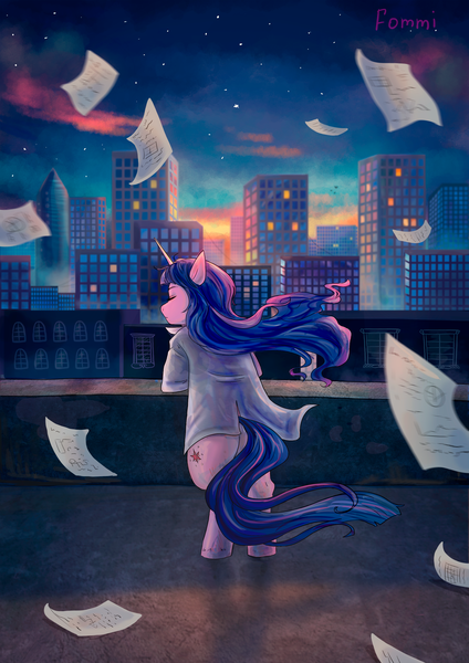 Size: 2186x3092 | Tagged: safe, artist:fomminator, derpibooru import, twilight sparkle, pony, unicorn, bipedal, city, cityscape, clothes, eyes closed, fanfic art, female, image, lab coat, mare, paper, png, skyline, solo, unicorn twilight, wind, windswept mane