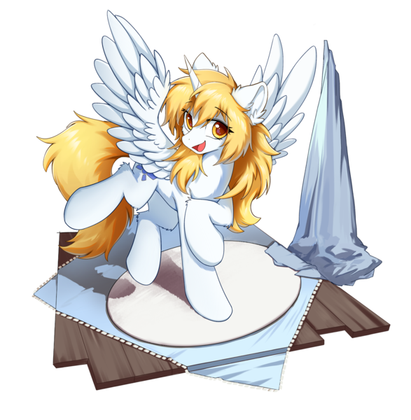 Size: 2732x2791 | Tagged: safe, artist:gale spark, derpibooru import, oc, oc:star nai, unofficial characters only, alicorn, carpet, curtains, floor, image, looking at you, open mouth, open smile, png, simple background, smiling, transparent background, wings