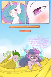 Size: 1600x2400 | Tagged: safe, artist:cold-blooded-twilight, derpibooru import, edit, princess celestia, spike, twilight sparkle, alicorn, dragon, pony, unicorn, cold blooded twilight, comic:cold storm (ru), g4, alternate design, angry, chariot, comic, explicit source, holy shit quotient, horn, image, png, super strength, translation, unicorn twilight