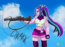 Size: 2732x1951 | Tagged: safe, artist:lordshrekzilla20, derpibooru import, aria blaze, equestria girls, g4, aria brute, black lagoon, cigarette, female, grenade launcher, image, jpeg, m79, muscles, onomatopoeia, revy, signature, solo, sound effects, weapon