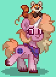 Size: 736x1024 | Tagged: safe, derpibooru import, oc, oc:elsie moonarch, unofficial characters only, pony, red panda, unicorn, pony town, g5, bandana, digital art, female, gradient hair, gradient mane, gradient tail, green background, hooves, horn, image, looking back, magenta eyes, mare, orange hair, orange mane, orange tail, pink coat, pixel art, png, raised hoof, simple background, solo, tail, unicorn oc, walking, yellow hair, yellow mane