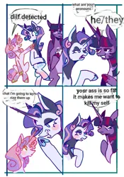 Size: 1431x2048 | Tagged: safe, artist:whimday, derpibooru import, rarity, sweetie belle, twilight sparkle, twilight sparkle (alicorn), alicorn, pony, unicorn, g4, alternate design, comic, dialogue, female, filly, flirting, foal, horn, image, jpeg, lesbian, mare, meme, redraw, ship:rarilight, shipping, speech bubble