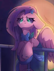 Size: 1950x2550 | Tagged: safe, artist:miryelis, derpibooru import, fluttershy, butterfly, insect, pegasus, pony, g4, the best night ever, clothes, crying, dress, image, long hair, looking up, my little pony, night, not pinkamena, png, sad, sitting, solo