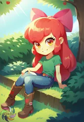 Size: 2496x3648 | Tagged: safe, ai content, derpibooru import, generator:civitai, machine learning generated, prompter:trux23, apple bloom, human, equestria girls, g4, clothes, cute, female, image, jpeg, looking at you, sitting, solo