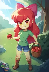 Size: 2496x3648 | Tagged: safe, ai content, derpibooru import, generator:civitai, machine learning generated, prompter:trux23, apple bloom, human, equestria girls, g4, apple, basket, clothes, cute, female, food, holding, image, jpeg, looking at you, solo, standing