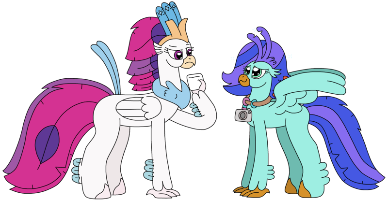 Size: 3008x1556 | Tagged: safe, artist:supahdonarudo, derpibooru import, queen novo, oc, oc:sea lilly, classical hippogriff, hippogriff, g4, my little pony: the movie, camera, holding, image, jewelry, looking at each other, looking at someone, necklace, note, png, puppy dog eyes, simple background, transparent background