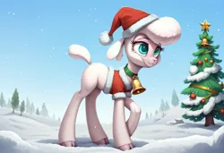 Size: 2104x1440 | Tagged: safe, ai content, derpibooru import, machine learning generated, them's fightin' herds, bell, bell collar, christmas, christmas tree, collar, community related, hat, holiday, image, jpeg, outdoors, pom (tfh), santa hat, snow, solo, tree