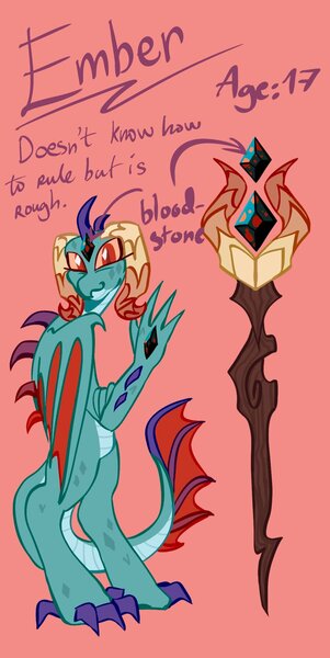 Size: 1026x2048 | Tagged: safe, artist:whimday, derpibooru import, princess ember, dragon, g4, alternate design, bloodstone scepter, female, image, jpeg, solo, teenager