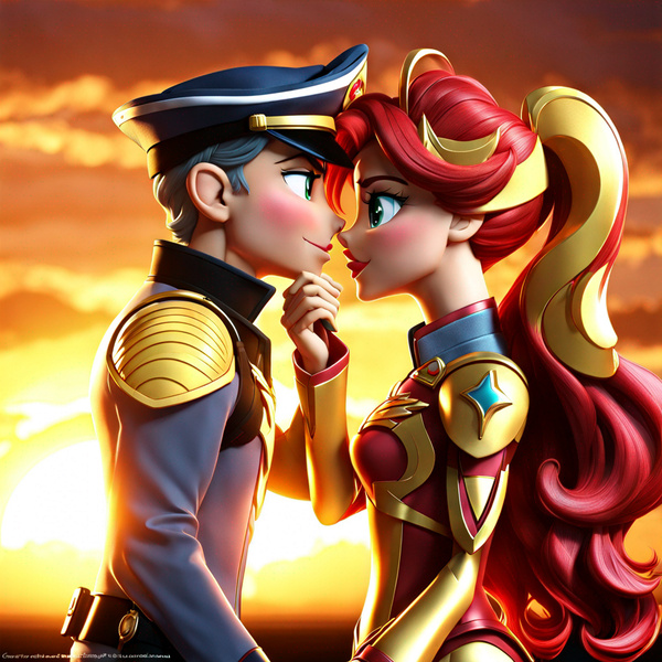 Size: 1024x1024 | Tagged: safe, ai content, derpibooru import, editor:jdueler11, machine learning generated, flash sentry, sunset shimmer, equestria girls, g4, female, flashimmer, image, jpeg, male, shipping, straight