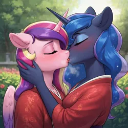 Size: 1024x1024 | Tagged: safe, ai content, derpibooru import, machine learning generated, prompter:wkaf, stable diffusion, princess cadance, princess luna, anthro, g4, blushing, close-up, clothes, duo, duo female, eyes closed, female, horn, image, jpeg, kimono (clothing), kissing, lesbian, outdoors, shipping, side view, wings