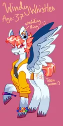 Size: 1026x2048 | Tagged: safe, artist:whimday, derpibooru import, windy whistles, pegasus, pony, g4, alternate design, bracelet, clothes, ear piercing, earring, female, image, jacket, jewelry, jpeg, lip piercing, mare, piercing, snake bites, solo, spread wings, unshorn fetlocks, wings