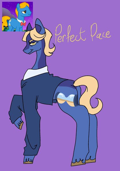 Size: 1431x2048 | Tagged: safe, artist:whimday, derpibooru import, perfect pace, earth pony, pony, g4, alternate design, bowtie, clothes, image, jpeg, male, purple background, raised hoof, screencap reference, shirt, shirtless shirt collar, simple background, solo, stallion, unshorn fetlocks