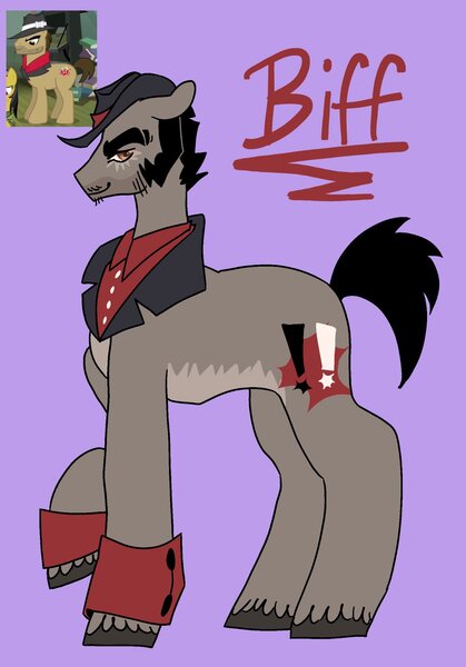 Size: 1431x2048 | Tagged: safe, artist:whimday, derpibooru import, biff, earth pony, pony, g4, alternate design, cuffs (clothes), facial hair, hat, henchmen, image, jpeg, male, screencap reference, shirtless shirt collar, sideburns, solo, stallion